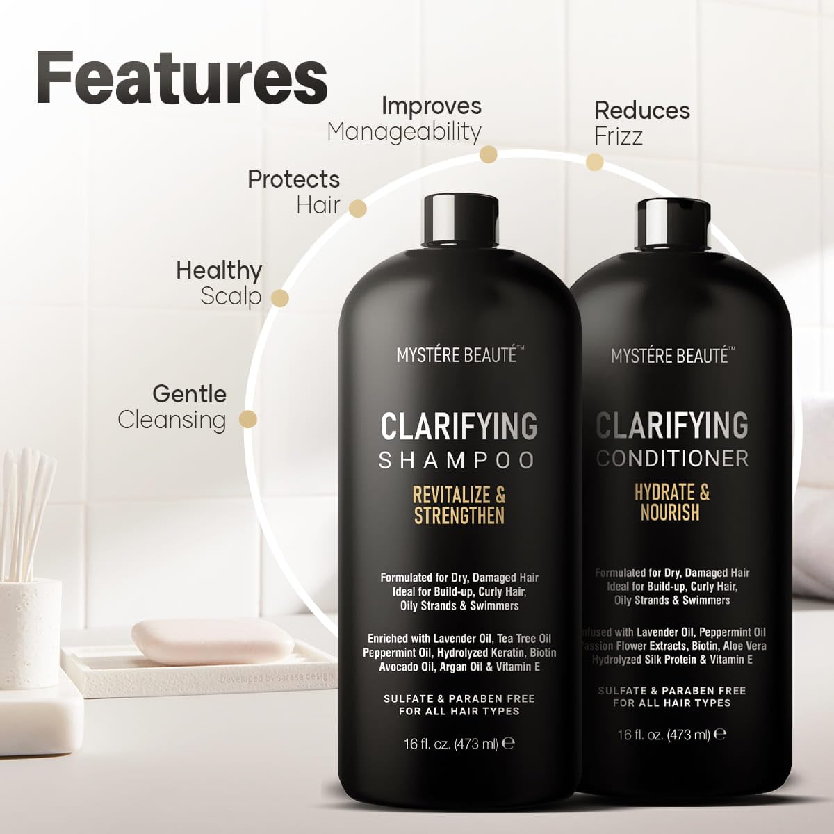 Clarifying Shampoo and Conditioner Set- Hydrating, Calming & Removes Buildup, for All Hair Types, Clarifying Cleanse for Dirt, Oil & Hard Water Buildup, for Men Women - 16 Fl Oz Each