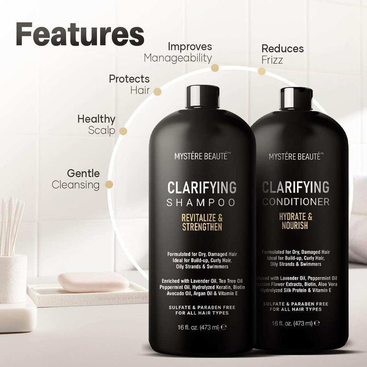 Clarifying Shampoo and Conditioner Set- Hydrating, Calming & Removes BEffective Build-Up Removal: This Clarifying Shampoo and Conditioner Set effectively combats product build-up, chlorine, and environmental impurities. It's the go-to Conditioner Set- Hydrating, Calming & Removes Buildup,