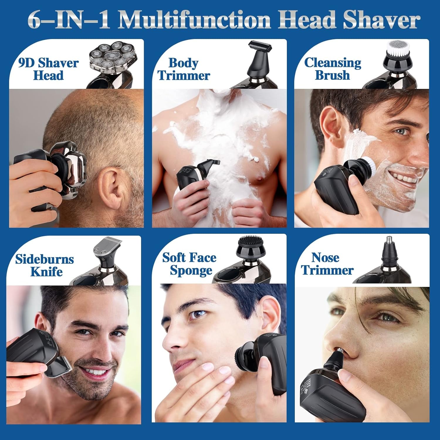 9D Electric Head Shaver for Bald Men, Upgraded 6-In-1 Head Shaver for Bald Men, Waterproof Wet/Dry Grooming Kit Electric Shaver for Men, Cordless Rechargeable Bald Head Razor for Home&Travel Gift