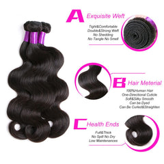 Brazilian Body Wave 3 Bundles with Closure 100% Unprocessed Human Hair Extensions 4X4 Free Part Lace Closure Natural Color (16 18 20+14)