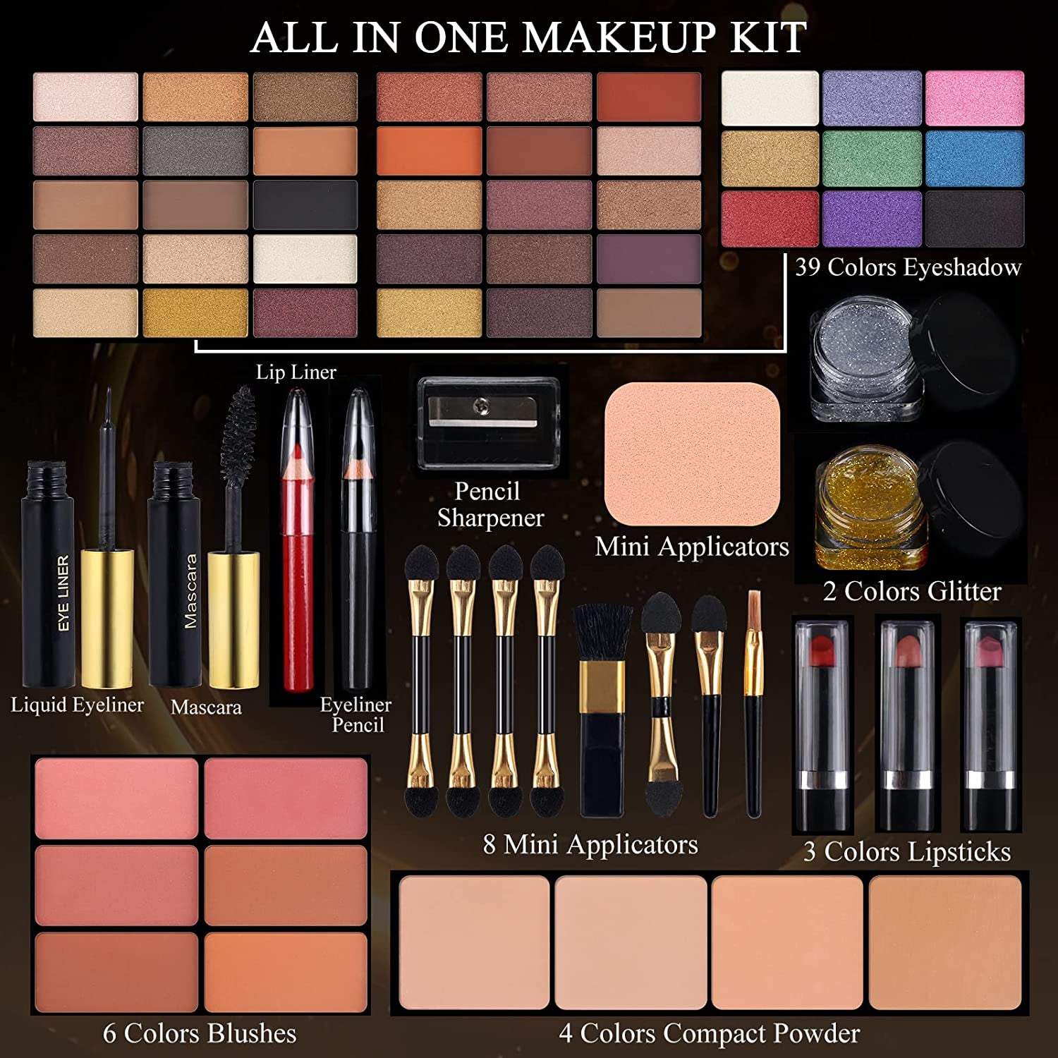 Professional Makeup Kit for Women Girls Full Kit with Mirror 58 Colors All in One Make up Gift Set Included Eyeshadow,Compact Powder,Blusher,Lipstick,Eyebrow Pencil,Gitter Gel,Eyeliner,Mascara (N)