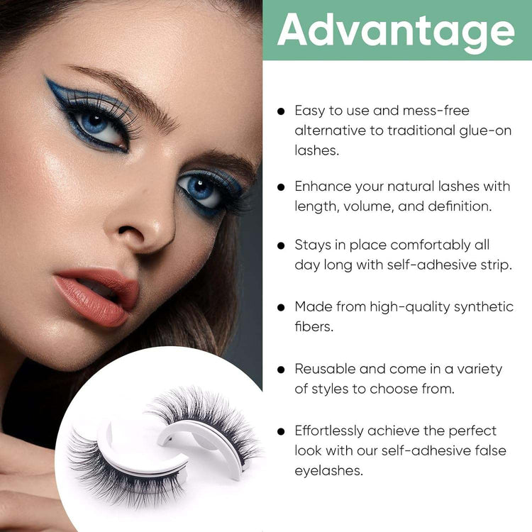 False Lashes, Self Adhesive Eyelashes, Waterproof Fake Eyelashes for Women, No Glue or Eyeliner Needed, Reusable False Eyelashes with Natural Look, 3 Pairs of Different Types