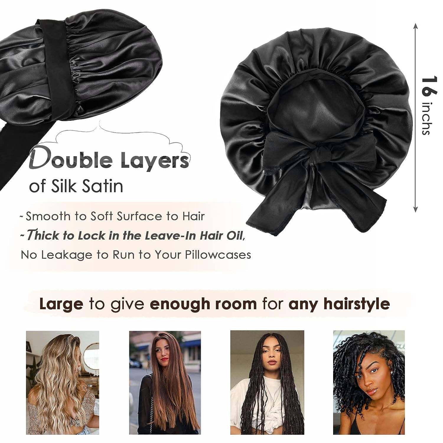 PHAMILY Satin Bonnet Silk Bonnet with Tie Band for  Sleeping, Double LNon-Slippage Bonnet: With wide long stretchy tie band, the big satin bonnet will stay in place while you move a lot at sleep time, so that to protect your hair all nSleeping, Double Layer Satin Lined, Black Hair Bonnets