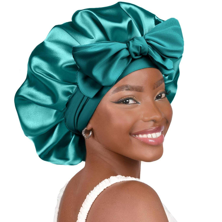 PHAMILY Satin Bonnet Silk Bonnet with Tie Band for  Sleeping, Double LNon-Slippage Bonnet: With wide long stretchy tie band, the big satin bonnet will stay in place while you move a lot at sleep time, so that to protect your hair all nSleeping, Double Layer Satin Lined, Black Hair Bonnets