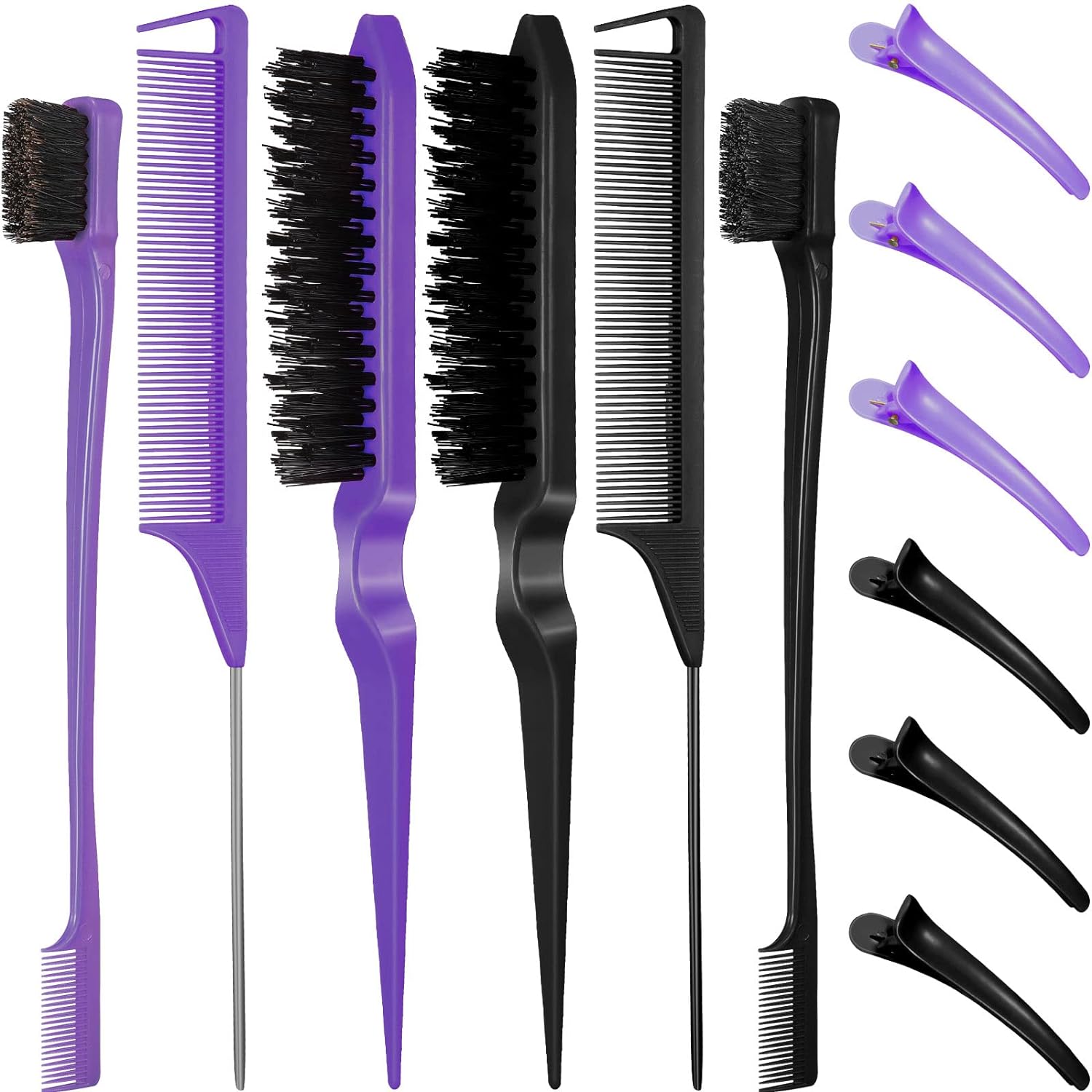 12 Pieces Hair Brush Set, Nylon Teasing Hair Brushes 3 Row Salon Teasing Brush, Double Sided Hair Edge Brush Smooth Comb Grooming, Rat Tail Combs with Duckbill Clips for Women Girls (Black)