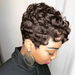 Grey Pixie Cut Wig Short Grey Wigs for Black Women Pixie Cut Wig with Bangs Short Pixie Wig for Blcak Women Fluffy Pixie Curly Wig Natural Wavy Short Gray Pixie Cut Wig for Women(Grey)