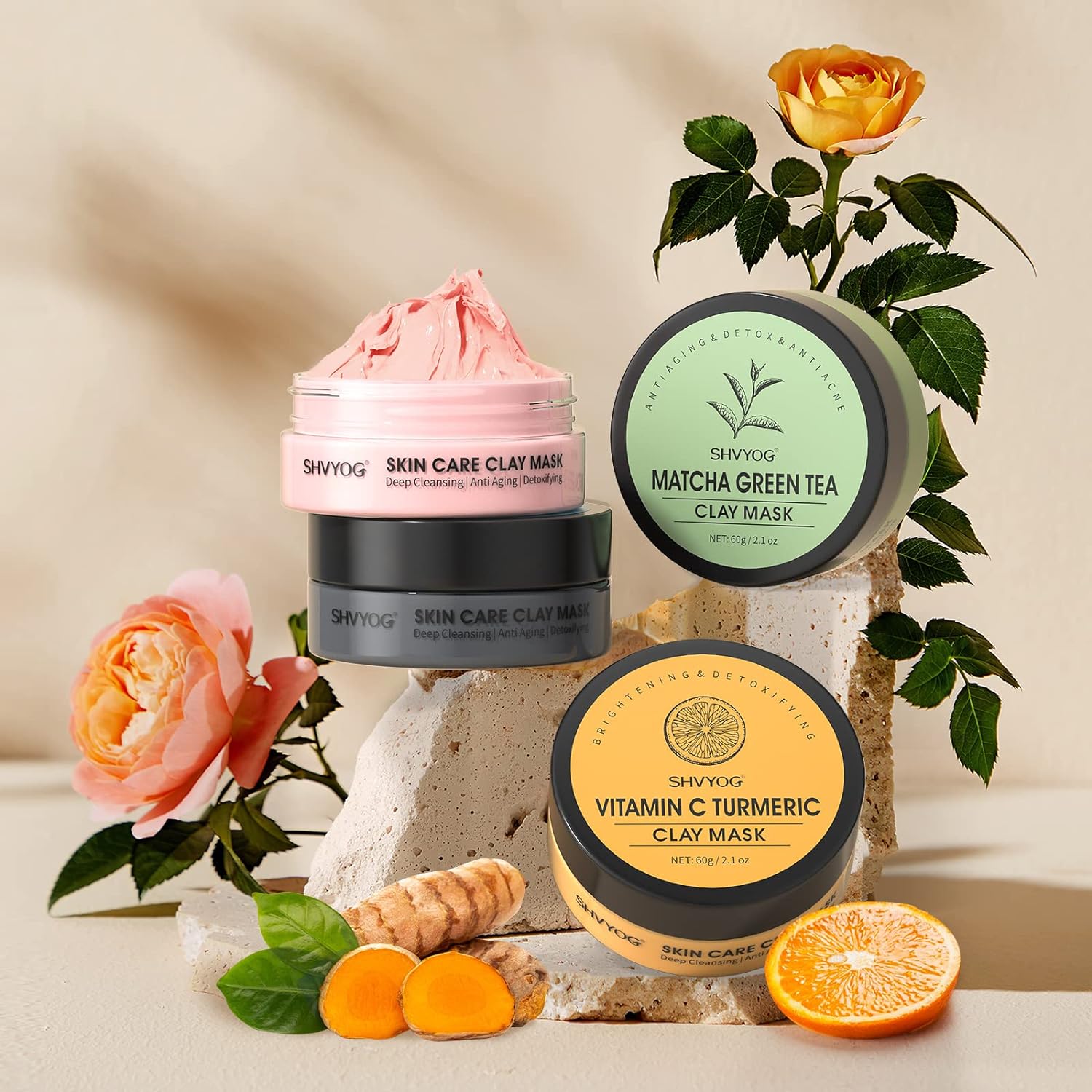 4 Pcs Clay Mask Gift Set, Turmeric Vitamin C Clay Mask, Green Tea Mask, Dead Sea Mud Mask, Rose Clay Mask, Face Masks Skincare Clay Facial Mask for Deep Cleansing, Moisturizing and Refining Pores 240G