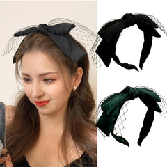 Lolita Bow Headband Hoop Mesh Knotted Bow Hair Hoop Bridal Headdress for Women Girls Elegant Black and Green Double-Layer Mesh Headband Vintage French Style Hair Accessories 2 PCS