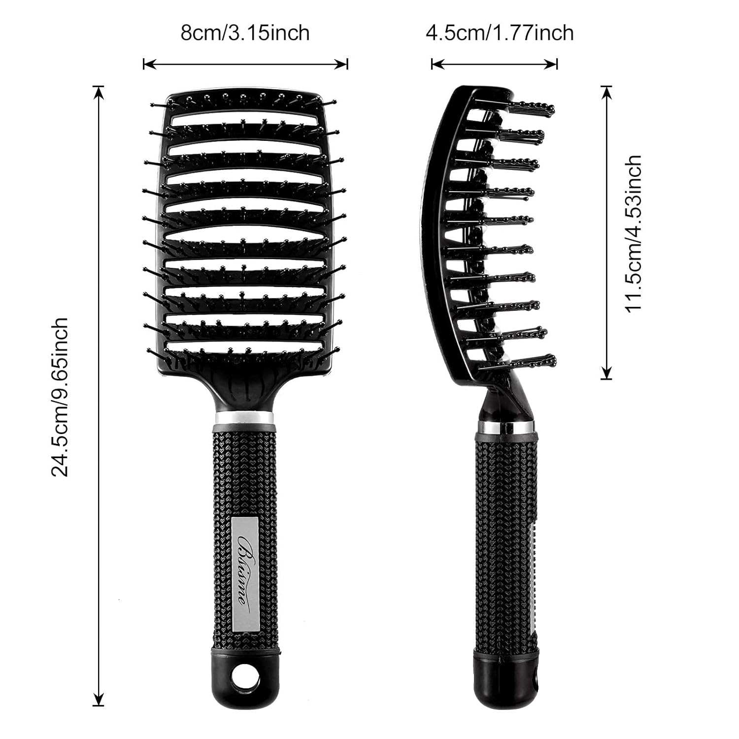 Professional curved vented hairbrush designed for less hair shedding, suitable for both men and women. This paddle brush is perfect for detangling wet or dry curly, thick, and straight hair.