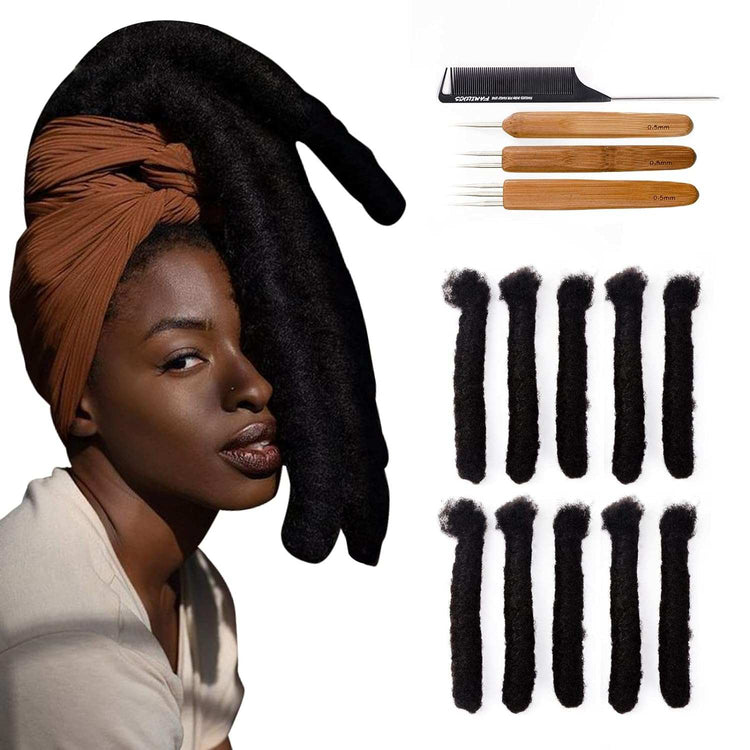 10 Inch 4Cm Width Jumbo Locs 100% Handmade Human Hair Dreadlock Extensions for Man Women Natural Black Dreads Can Be Dyed and Bleached, with Needle and Comb (10 Wick)