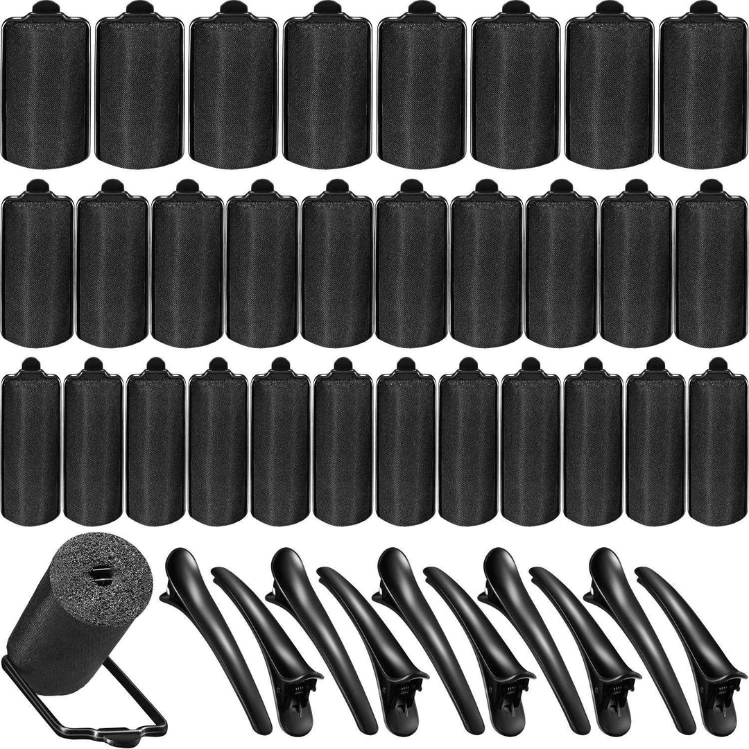 40-Piece Sponge Hair Rollers Set - Satin Silk Foam Curlers with Duck Teeth Clips, Hairdressing Styling (Black, Multi-Size)