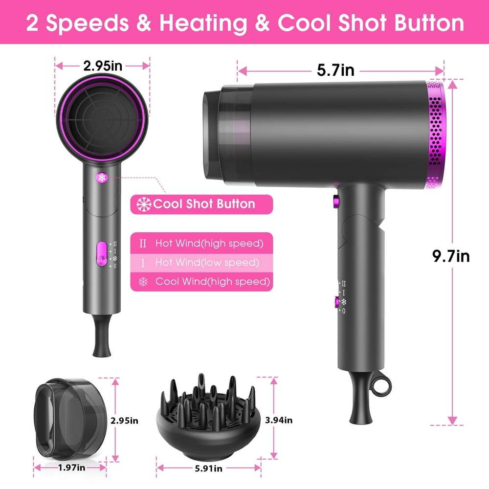 1875W Hair Dryer,  Professional Ionic Hair Blow Dryers with 3 Heat Settings, 2 Speed, Cool Settings,Fast Drying Blow Dryer for Home,Travel,Salon and Hotel