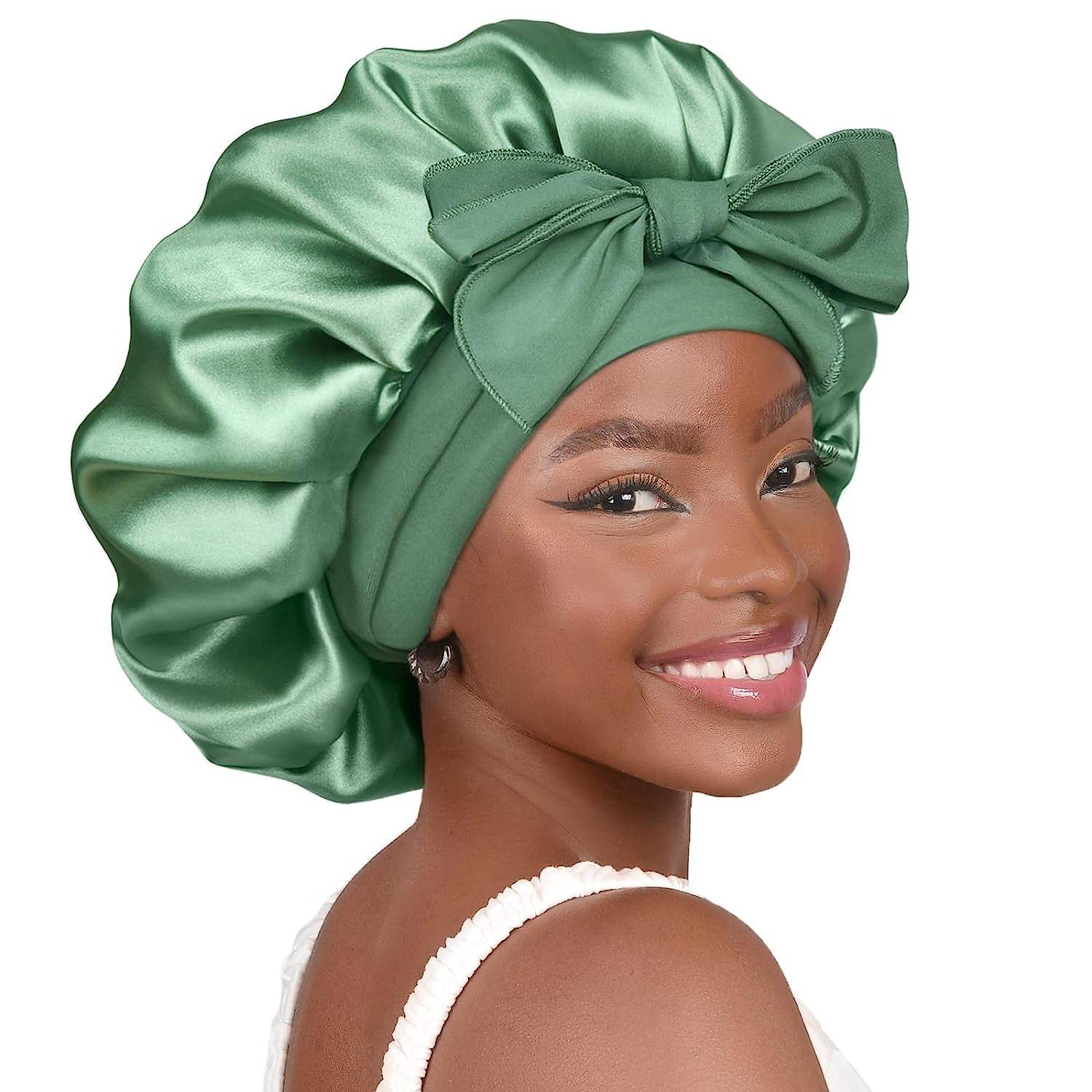 PHAMILY Satin Bonnet Silk Bonnet with Tie Band for  Sleeping, Double LNon-Slippage Bonnet: With wide long stretchy tie band, the big satin bonnet will stay in place while you move a lot at sleep time, so that to protect your hair all nSleeping, Double Layer Satin Lined, Black Hair Bonnets