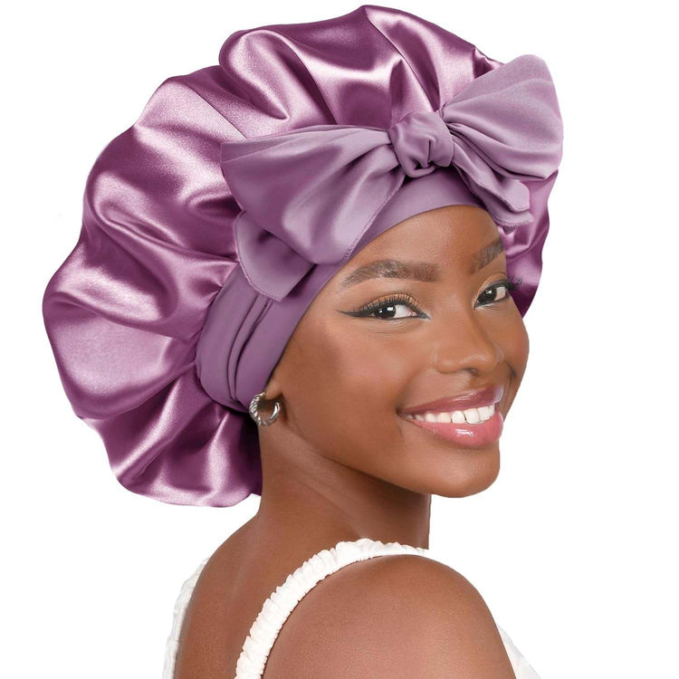 PHAMILY Satin Bonnet Silk Bonnet with Tie Band for  Sleeping, Double LNon-Slippage Bonnet: With wide long stretchy tie band, the big satin bonnet will stay in place while you move a lot at sleep time, so that to protect your hair all nSleeping, Double Layer Satin Lined, Black Hair Bonnets