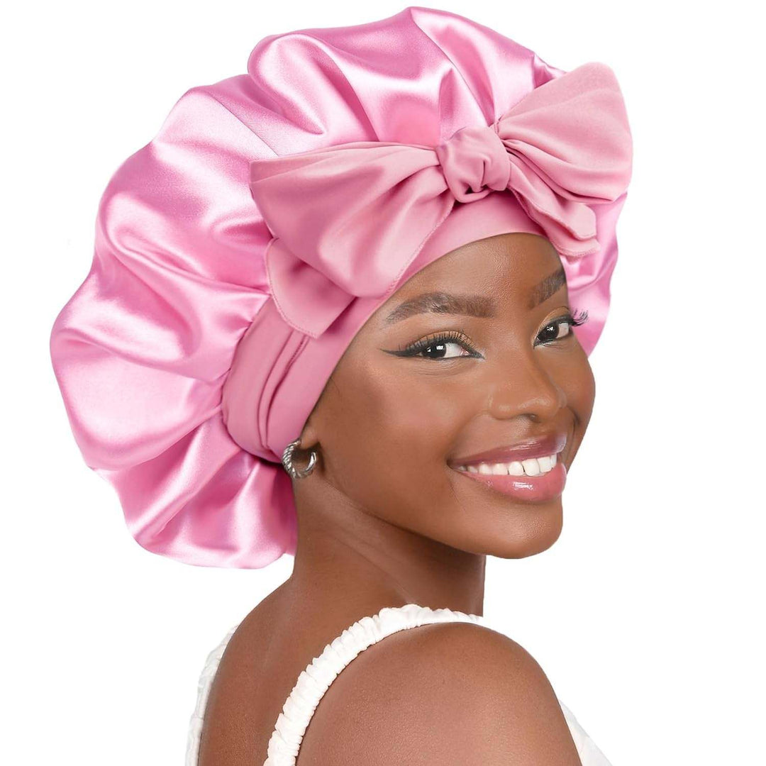 PHAMILY Satin Bonnet Silk Bonnet with Tie Band for  Sleeping, Double LNon-Slippage Bonnet: With wide long stretchy tie band, the big satin bonnet will stay in place while you move a lot at sleep time, so that to protect your hair all nSleeping, Double Layer Satin Lined, Black Hair Bonnets