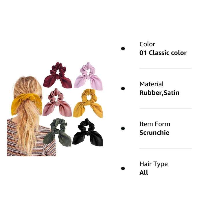 6PCS Hair Scrunchies Satin SilkRabbit Bunny Ear Bow Bowknot Scrunchie Bobbles Elastic Hair Ties 