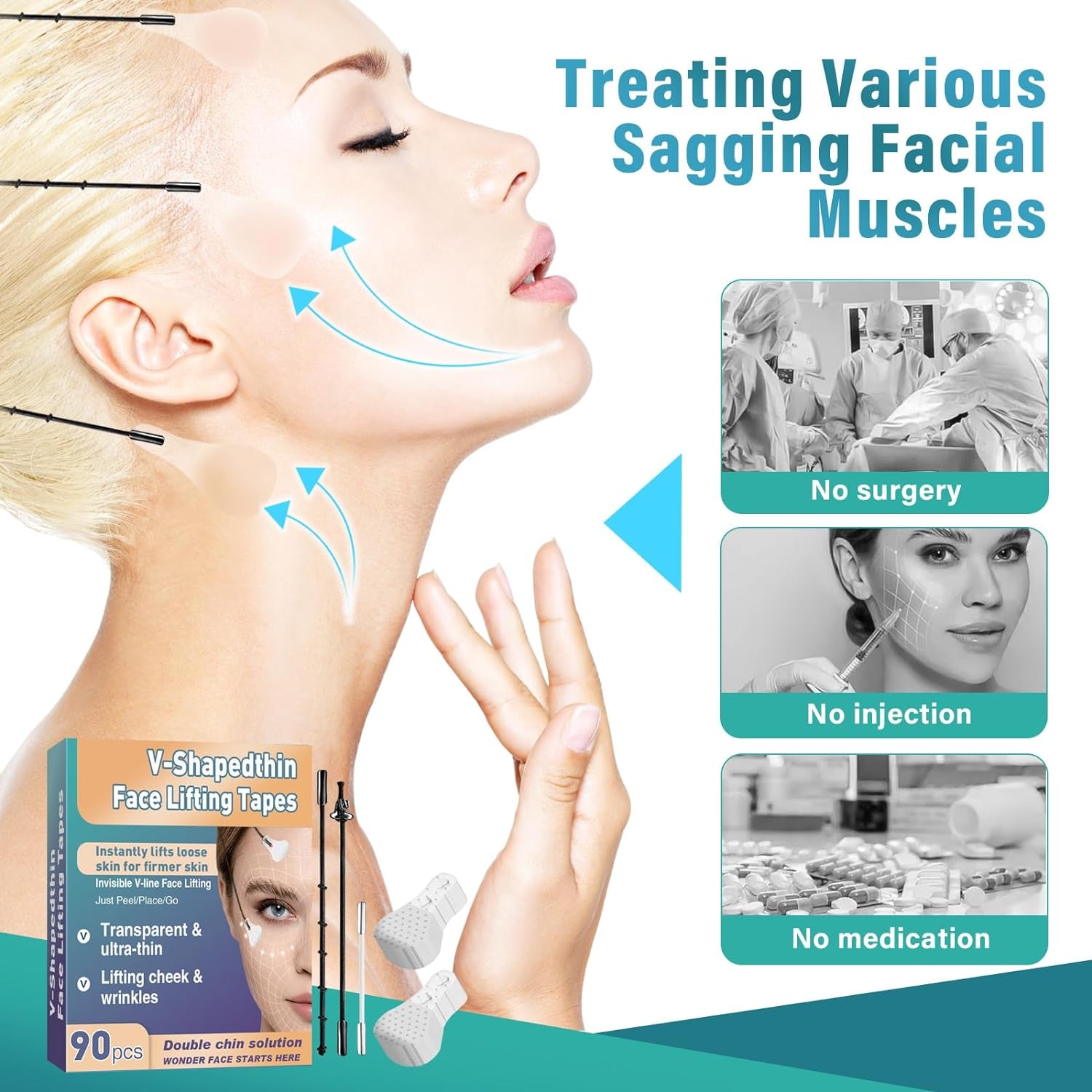 Face Lift Tape, Face Tape Lifting Invisible,90Pcs High Elasticity Instant Face Lift Tape V-Shaped for Lifting Sagging Skin, Hide Double Chin & Facial Wrinkles