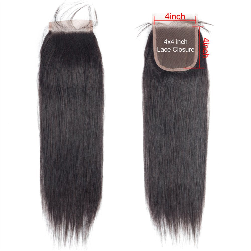 10A Brazillian Human Hair Straight 3 Bundles with Closure 4×4 Human Hair Extensions with Closure Natural Color 22"24"26" with 20"