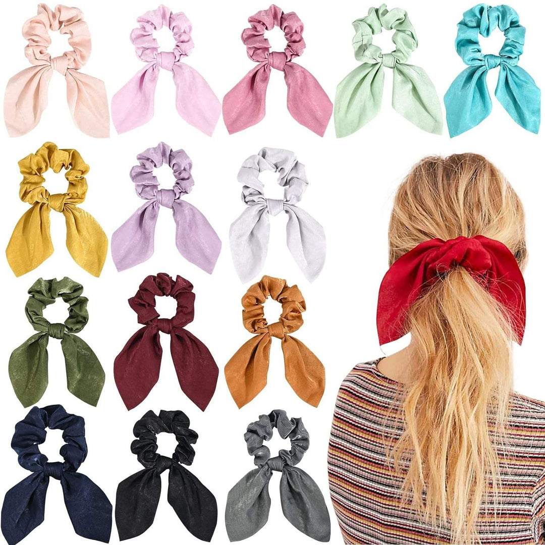 6PCS Hair Scrunchies Satin SilkRabbit Bunny Ear Bow Bowknot Scrunchie Bobbles Elastic Hair Ties 