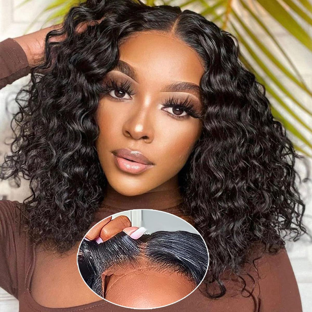 Pre-Plucked Deep Wave Bob Wig - Glueless Lace Front, Human Hair, PerfeGlueless Wigs Human Hair Material: New Upgraded Glueless Lace Wig, Pre Cut Lace Wigs,Can Be Weared Within 30s Which Is More Easy and Convenientt and Friendly EspeciaPre-Plucked Deep Wave Bob Wig - Glueless Lace Front, Human Hair, Perfect