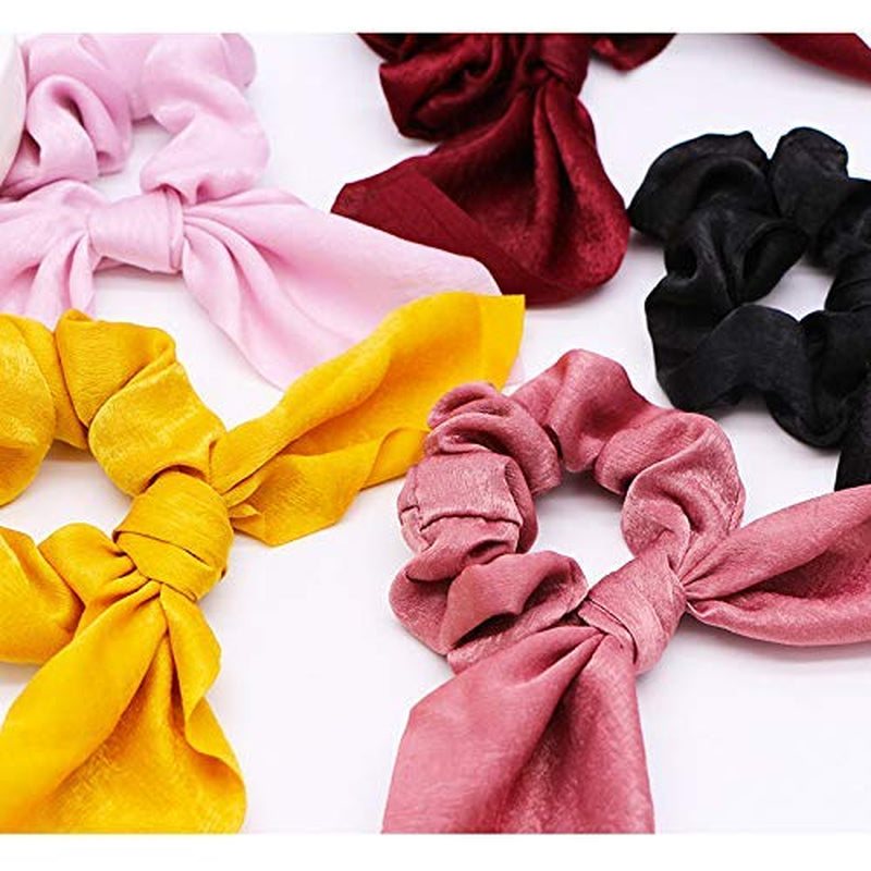 6PCS Hair Scrunchies Satin SilkRabbit Bunny Ear Bow Bowknot Scrunchie Bobbles Elastic Hair Ties 