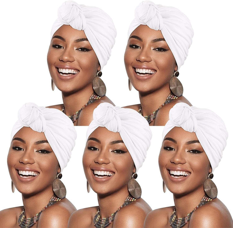 5 Pack Knotted Headwraps for Women African Turban Pre-Knotted Beanie Headwraps Hair Covers