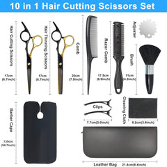 Hair Cutting Scissors, 10 in 1 Professional Hair Shears Set with 6.7” Stainless Steel Cutting Scissors, Thinning Shears, Comb, Cape, Haircut Scissors Shears Kit for Men and Women Barber, Salon, Home