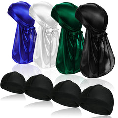 4 Pcs Silky Men Durag Headwraps with Long Tail and 4 Pcs Silk Wave Cap Perfect for 360 Waves