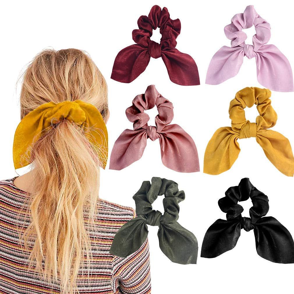 6PCS Hair Scrunchies Satin SilkRabbit Bunny Ear Bow Bowknot Scrunchie Bobbles Elastic Hair Ties 