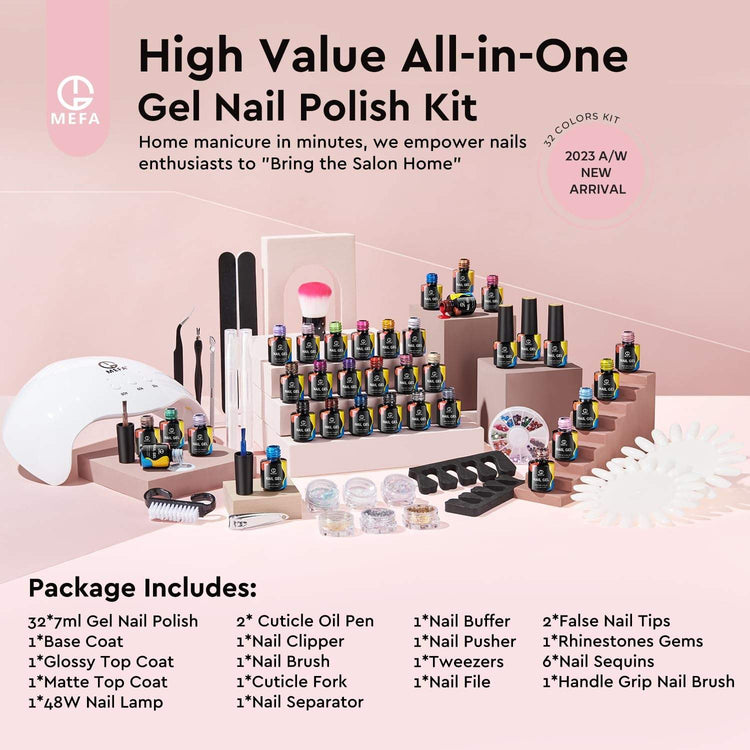 56 Pcs Gel Nail Polish Kit with U V Light, 32 Colors All Seasons Soak off Gel Polish Nail Set with Matte/Glossy Base Top Coat Essential Manicure Tools Nails Art Decorations Salon Christmas Gifts