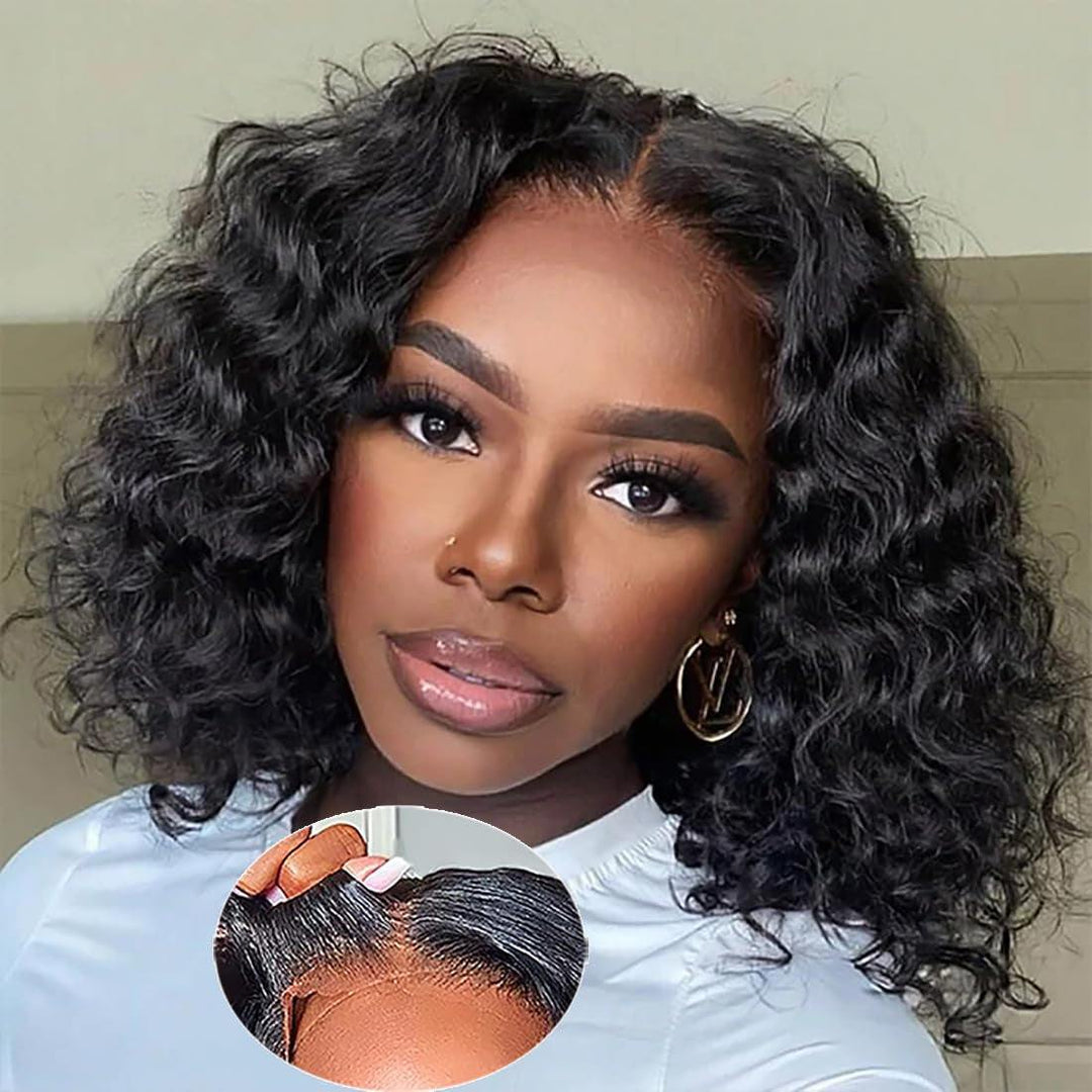 Pre-Plucked Deep Wave Bob Wig - Glueless Lace Front, Human Hair, PerfeGlueless Wigs Human Hair Material: New Upgraded Glueless Lace Wig, Pre Cut Lace Wigs,Can Be Weared Within 30s Which Is More Easy and Convenientt and Friendly EspeciaPre-Plucked Deep Wave Bob Wig - Glueless Lace Front, Human Hair, Perfect