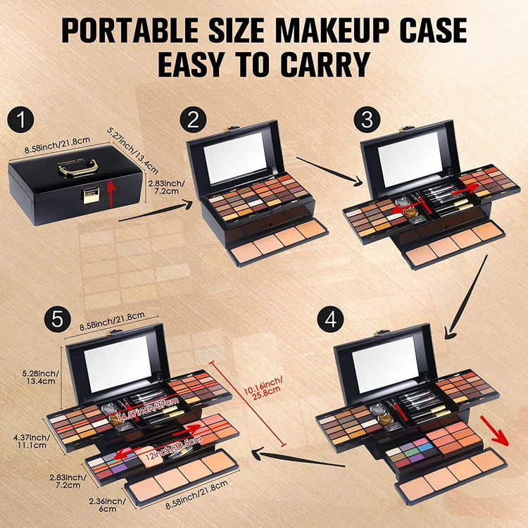 Professional Makeup Kit for Women Girls Full Kit with Mirror 58 Colors All in One Make up Gift Set Included Eyeshadow,Compact Powder,Blusher,Lipstick,Eyebrow Pencil,Gitter Gel,Eyeliner,Mascara (N)