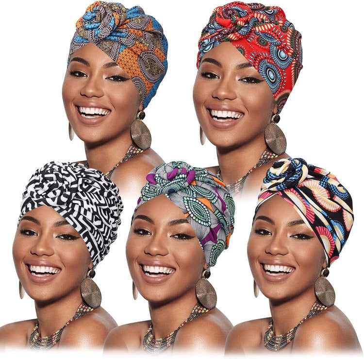 5 Pack Knotted Headwraps for Women African Turban Pre-Knotted Beanie Headwraps Hair Covers