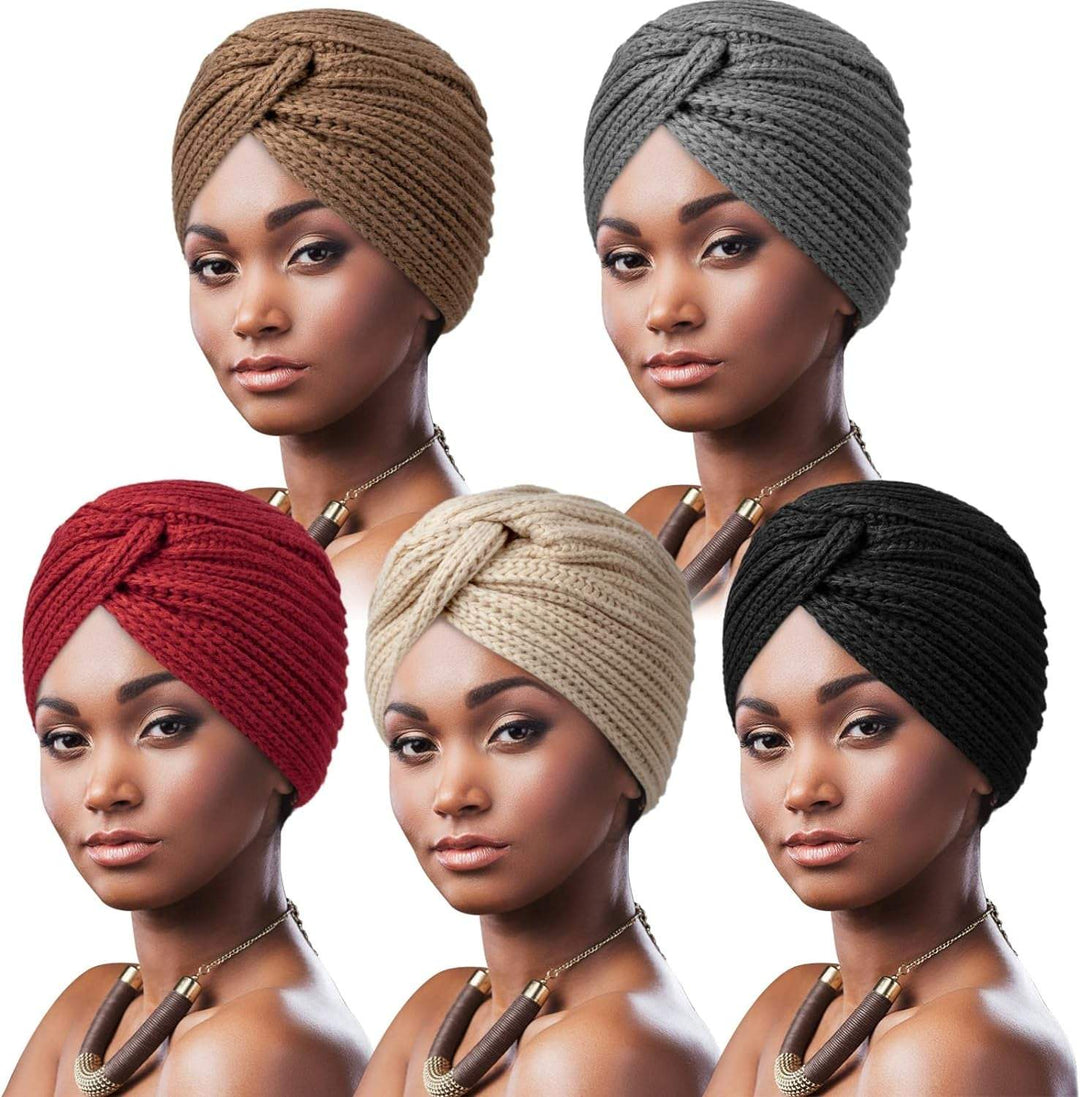 5 Pack Knotted Headwraps for Women African Turban Pre-Knotted Beanie Headwraps Hair Covers