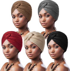 5 Pack Knotted Headwraps for Women African Turban Pre-Knotted Beanie Headwraps Hair Covers