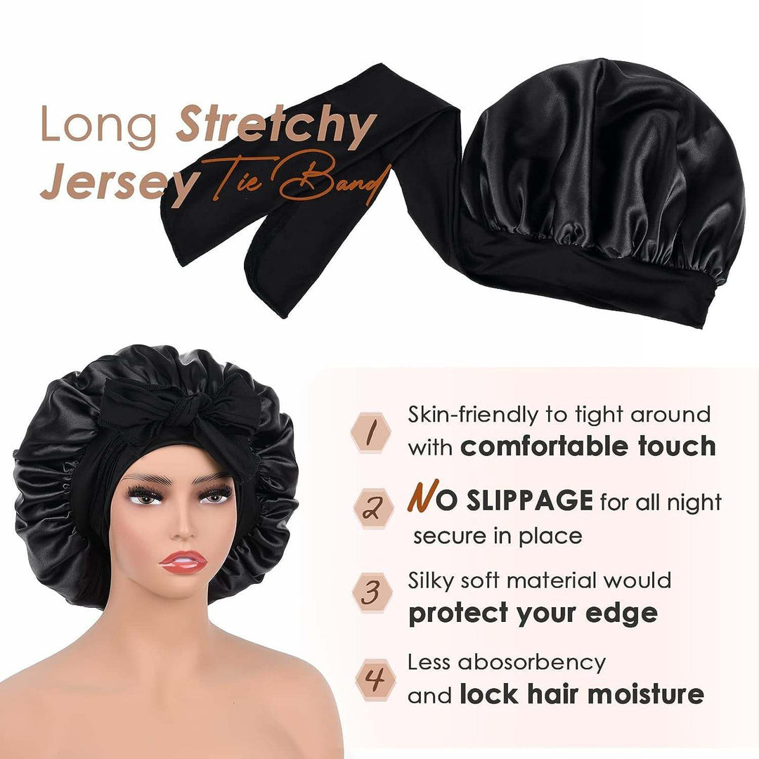 PHAMILY Satin Bonnet Silk Bonnet with Tie Band for  Sleeping, Double LNon-Slippage Bonnet: With wide long stretchy tie band, the big satin bonnet will stay in place while you move a lot at sleep time, so that to protect your hair all nSleeping, Double Layer Satin Lined, Black Hair Bonnets